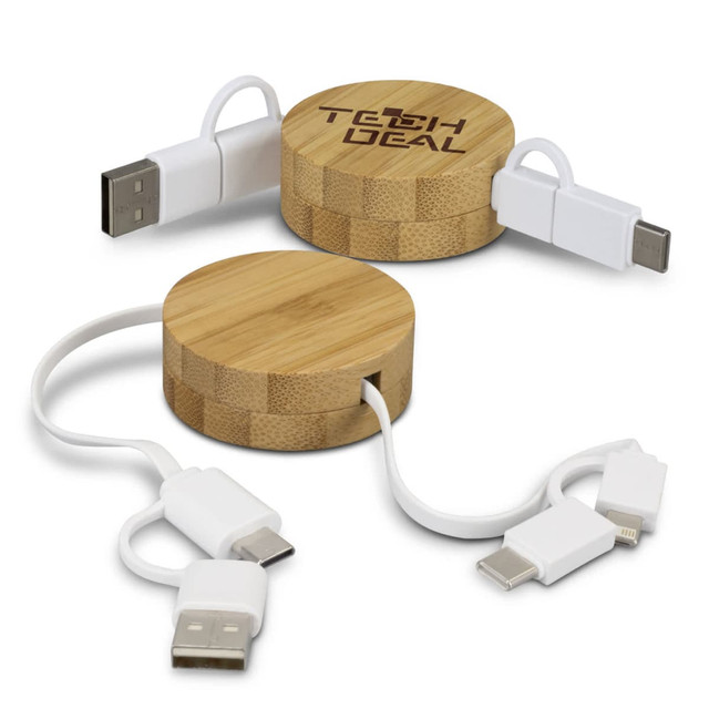 A bamboo retractable charging cable in natural wood colour, featuring white connectors and a logo on the surface.