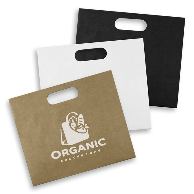 A set of large die cut paper bags in black, white, and brown, featuring a logo on the front of each bag.