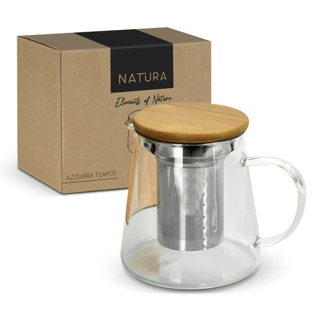 A teapot with a transparent glass body, a bamboo lid, and a stainless steel infuser, packaged in a kraft box.