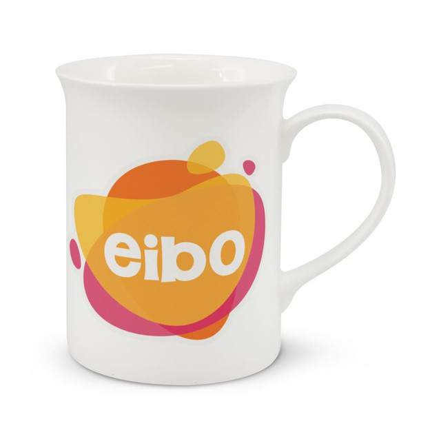 A white porcelain coffee mug featuring a vibrant orange and pink abstract design and a handle.