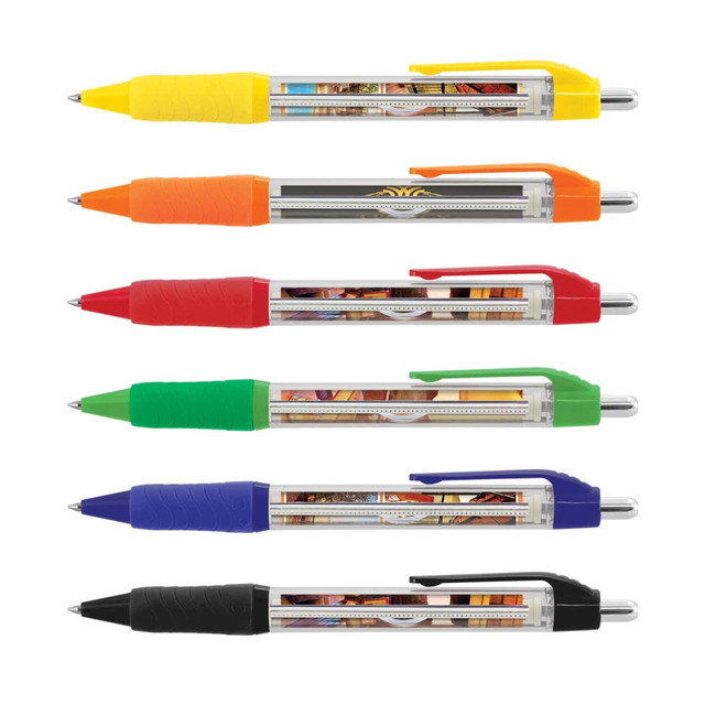 A collection of six plastic pens in yellow, orange, red, green, blue, and black, each with a logo and decorative inner design.