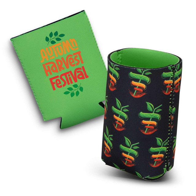 A drink bottle cooler featuring a green exterior and a black interior, decorated with apple graphics and a logo.