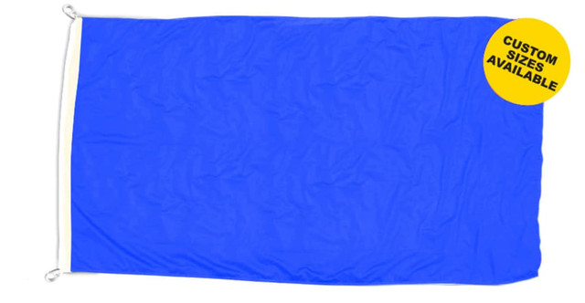 A blue shiny polyester flag featuring a logo and tie cords for attachment. Custom sizes are available.