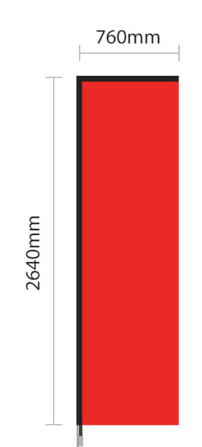 A medium double-sided wing banner skin in solid red, measuring 760mm in width and 2640mm in height, with a branded edge.