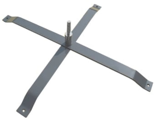 A steel swivel base in grey with a central post and four extending arms for stability.