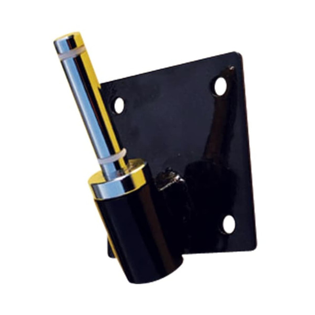 A black wall mount bracket with a shiny chrome pole and a square plate featuring two mounting holes.