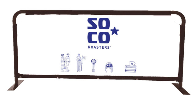 A café barrier measuring 2040mm x 915mm, featuring a white background with black metal framing and a logo.