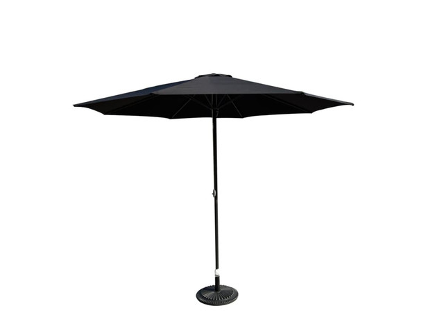 A black café umbrella with a sturdy base, featuring a three-metre by three-metre canopy. It has a central pole and multiple ribs.