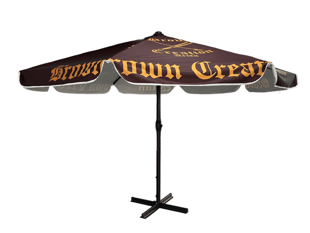 A brown and cream café umbrella with a black pole and base, featuring a branding logo on the canopy.