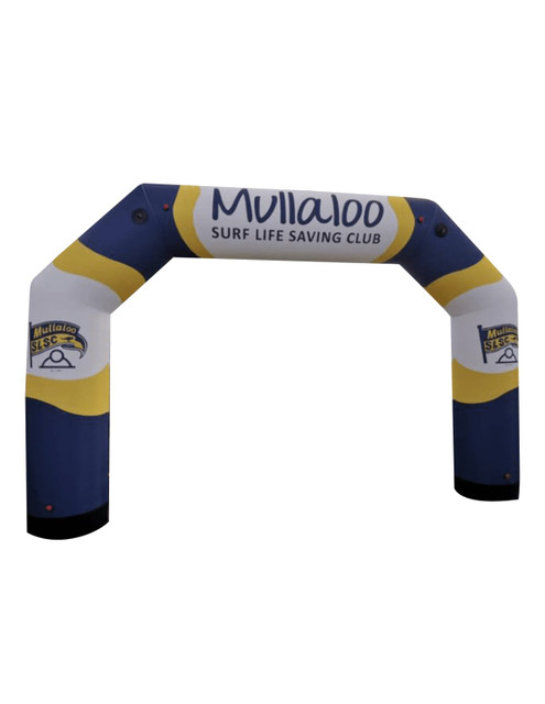 An inflatable air arch, featuring blue and yellow colours, with a logo for Mullaloo Surf Life Saving Club.