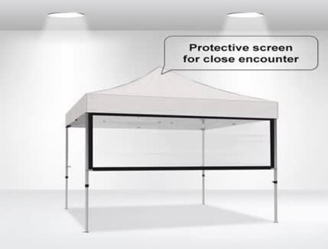 A promotional white marquee with a transparent protective screen, featuring a black frame. It has a logo on the front.