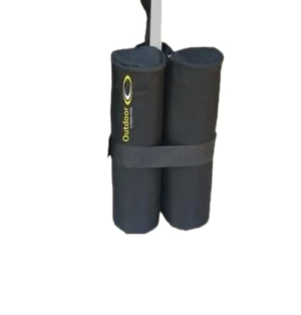 A black sand bag product with a grey strap, featuring a logo on its side, designed to hold two cylindrical sections.