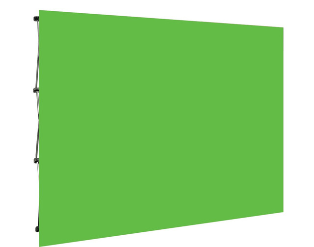 A green screen media wall, available in a flat or curved design, measuring 2.25m x 2.25m.
