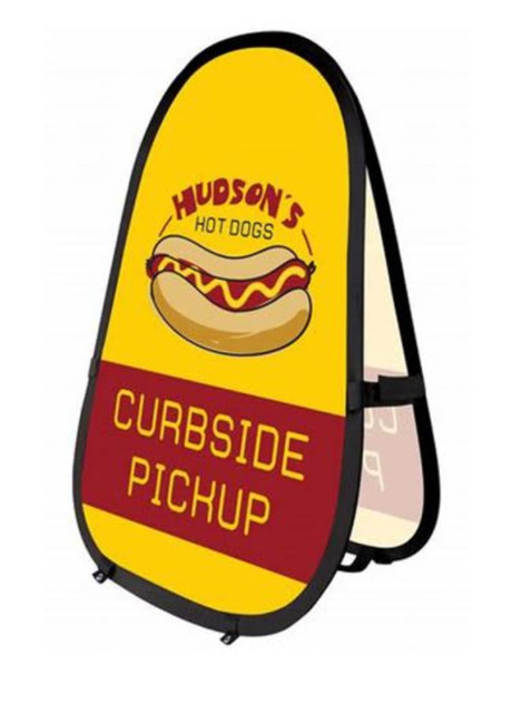 A vertical pop-up banner featuring a yellow background with a hot dog graphic and curbside pickup text. It has a logo.