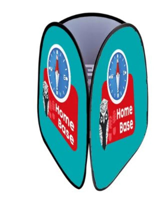 A three-sided vertical pop-up banner in turquoise, featuring a clock and a design with the words "Home Base."