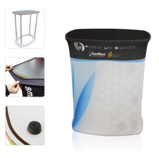 A promotional table with a stretch fabric cover, featuring a black and white design, with a logo on it.