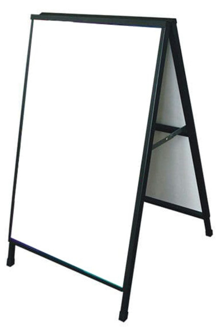 A-frame display stand with a black metal frame and a blank surface for inserting corflute signage.
