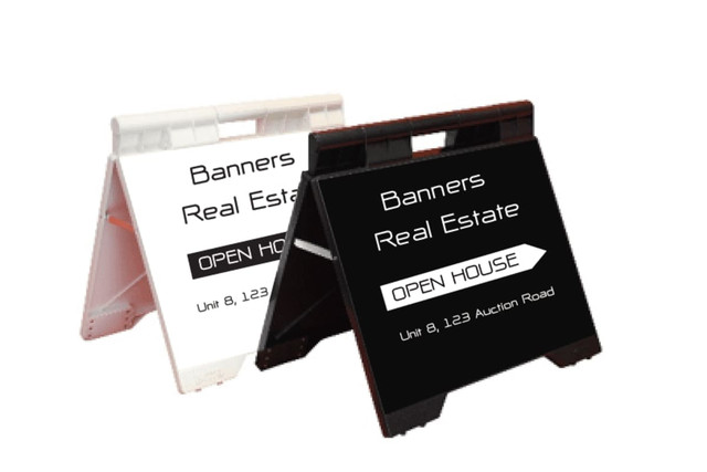 Premium plastic A-frames in black and white, featuring a logo and space for customised signage.