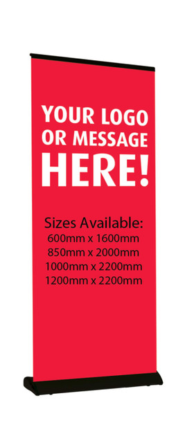 A red pull-up banner featuring customizable options, with dimensions prominently displayed. It has a black base and a logo space.