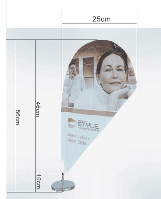 A teardrop banner featuring a woman’s portrait, predominantly white with grey and blue elements, and a logo at the base.