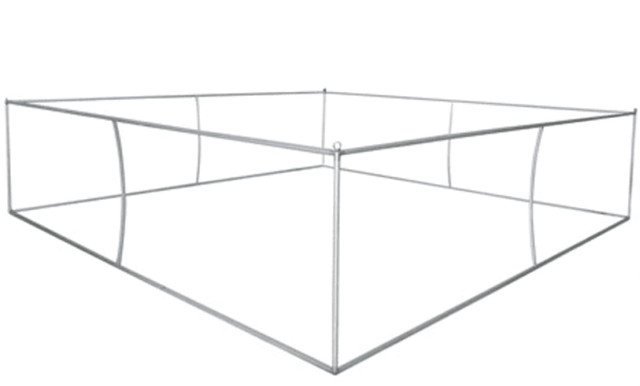 A square, silver tension fabric replacement frame with a minimalist design. It features a logo on the structure.