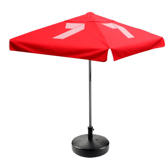 A red café umbrella with a black base and a valance, measuring 2m x 2m. It features a logo.