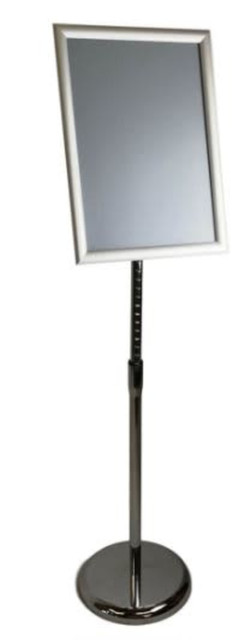 A silver and chrome menu stand with an adjustable frame, designed to hold promotional materials.