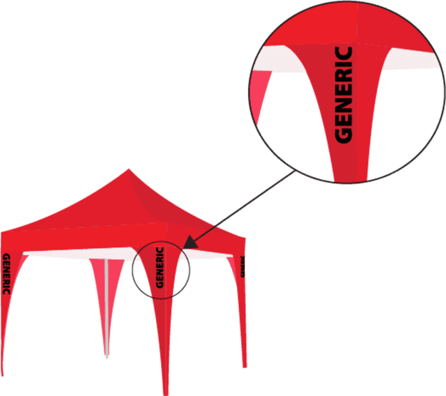 A red marquee leg cover featuring a white accent and a logo, designed to fit on tent legs.