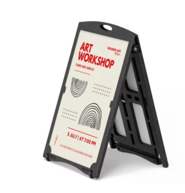 A black corflute A-frame with a water-fillable base, featuring two blank surfaces for promotional messaging.