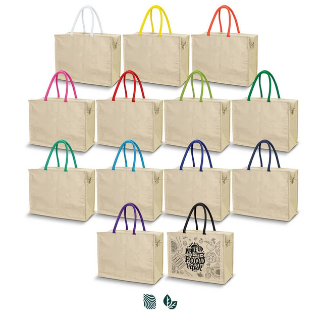 A collection of tote bags in various colours with contrasting handles, featuring a decorative bag in the centre.