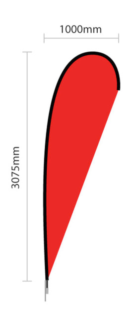 A red double-sided tear drop banner with a black outline, featuring measurements of 1000mm by 3075mm.