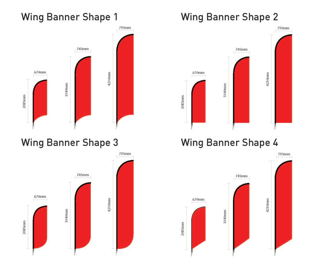 A collection of four red wing banner designs with dimensions, each featuring different shapes and sizes.
