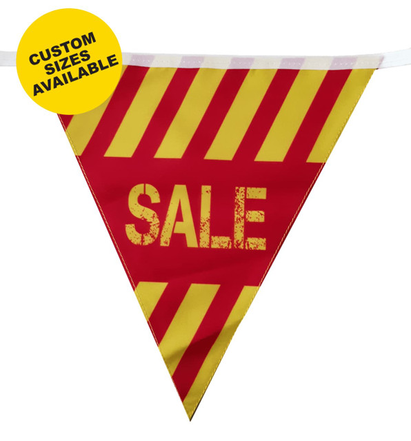 Red and yellow polyester bunting in a triangular shape with a logo. Custom sizes available.