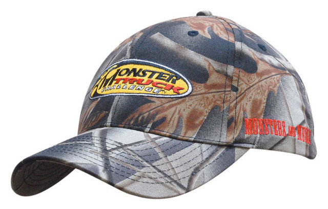 A camouflage cap featuring earthy tones of brown and grey, with a logo on the front and branding on the side.