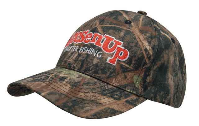A camouflage 6-panel cap featuring shades of green and brown, with a logo on the front.