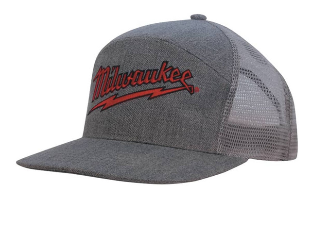 A grey A-frame cap featuring a mesh back and a prominent logo in red.