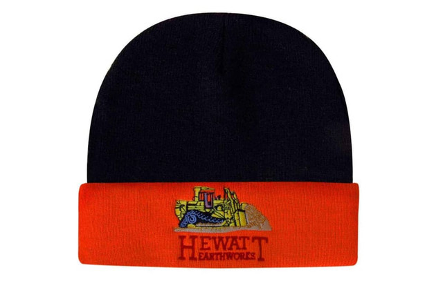 A luminescent safety beanie in black and orange, featuring a logo on the front.