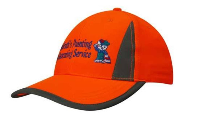 An orange cap featuring reflective inserts, a grey trim, and a logo on the front.