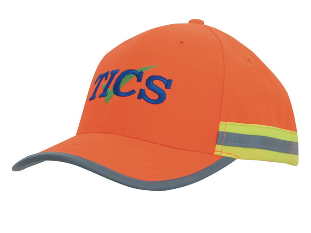 An orange cap featuring reflective tape and a logo, with a grey peak and adjustable strap.