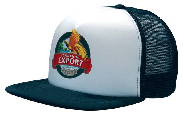 A trucker mesh cap with a flat peak featuring a white front and dark green mesh. It has a logo on the front.