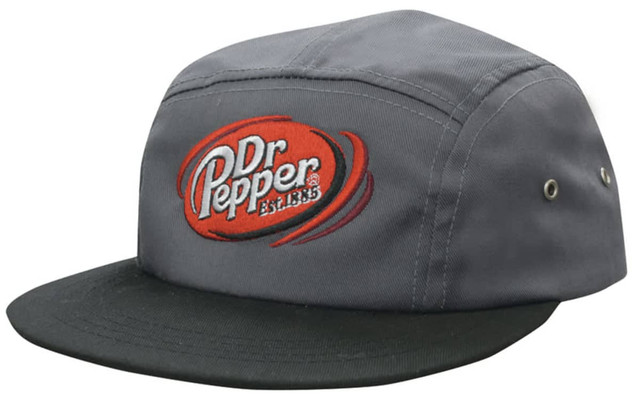 A grey and black cap featuring a red embroidered logo on the front, with a flat brim and eyelet details.