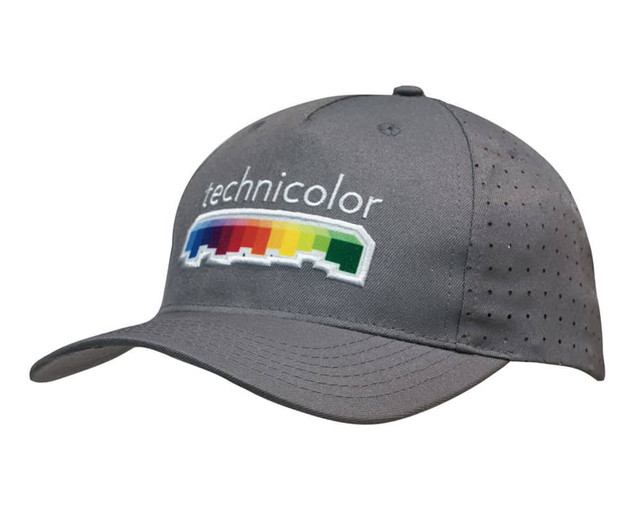 A grey cap with circle perforations and an embroidered logo in rainbow colours.