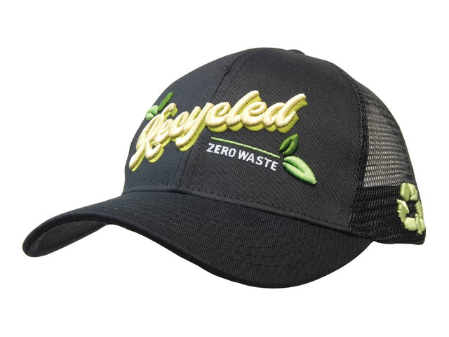 A black cap with a mesh back featuring "Recycled" embroidery in green and decorative leaf accents.