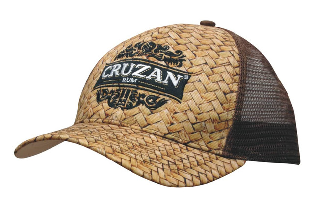 A brown and straw-patterned cap featuring a mesh back and a logo.