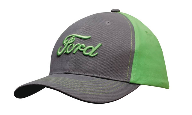 A grey and green cap with contrast stitching and an embroidered logo on the front.