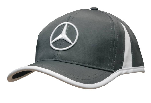 A grey cap with white trim and a logo on the front. The design features a curved peak.