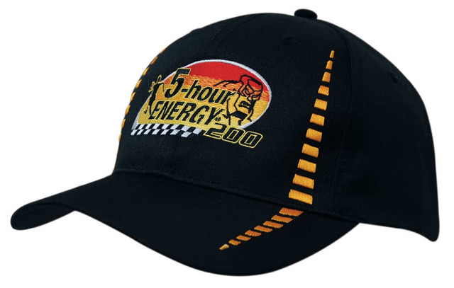 A black cap with a vibrant orange and yellow logo, featuring checkered detailing and a branded design.