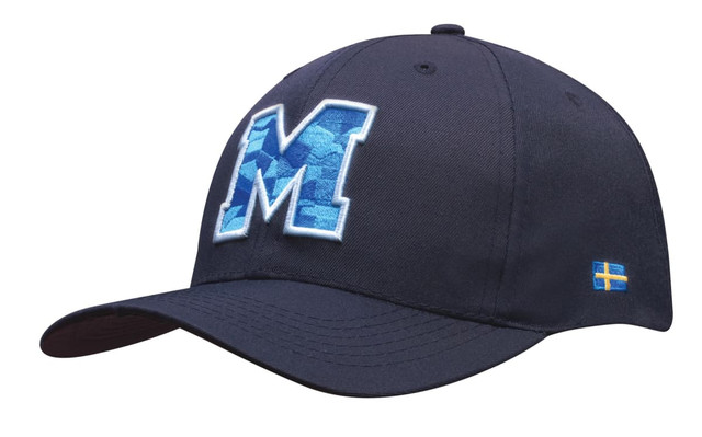 A navy breathable poly twill cap featuring a large blue letter "M" and a small logo on the side.