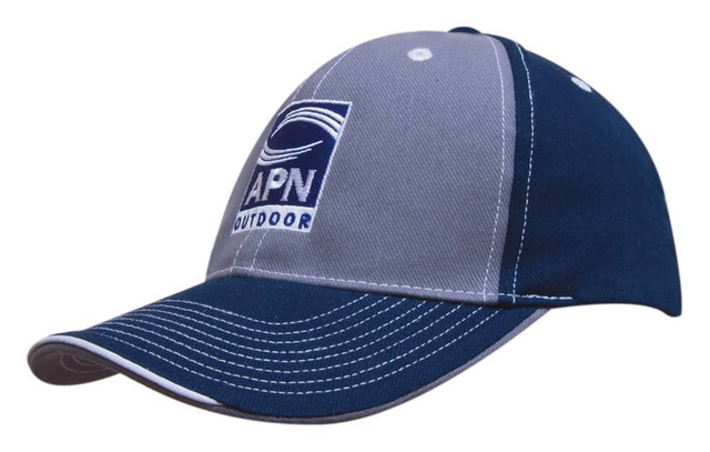 A two-tone cap in grey and navy, featuring contrasting stitching and a logo on the front.