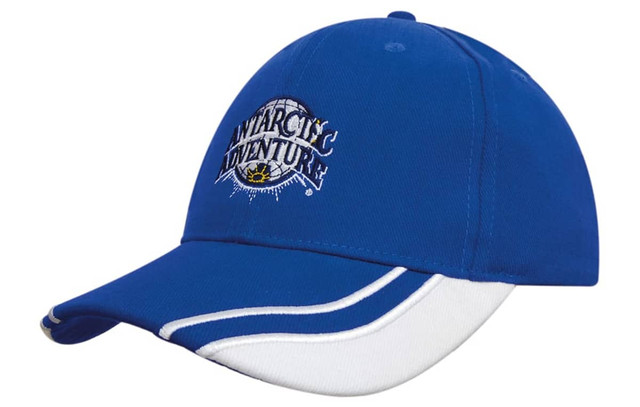 A blue cap with a curved peak, featuring white inserts and a logo on the front.